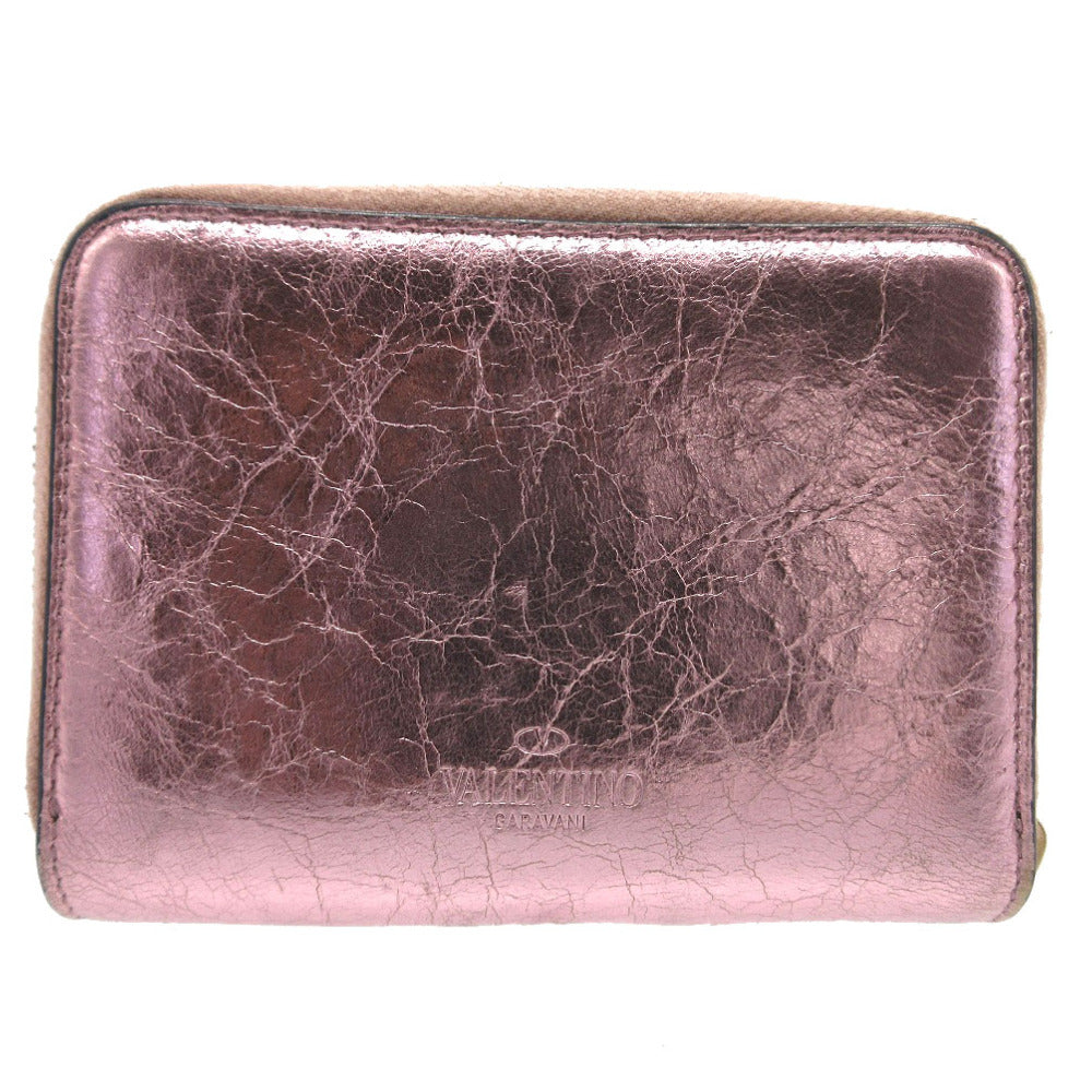 VALENTINO Coin case leather Metallic pink V logo metal color wrinkled finish Women Used Authentic