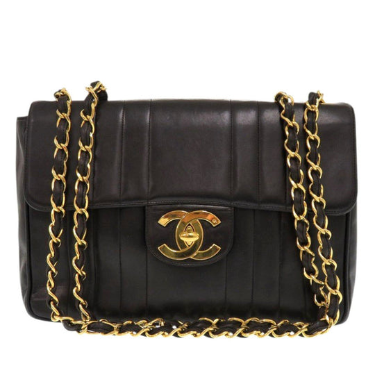 CHANEL Shoulder Bag lambskin black Mademoiselle Deca Matelasse COCO Mark Women Used Authentic