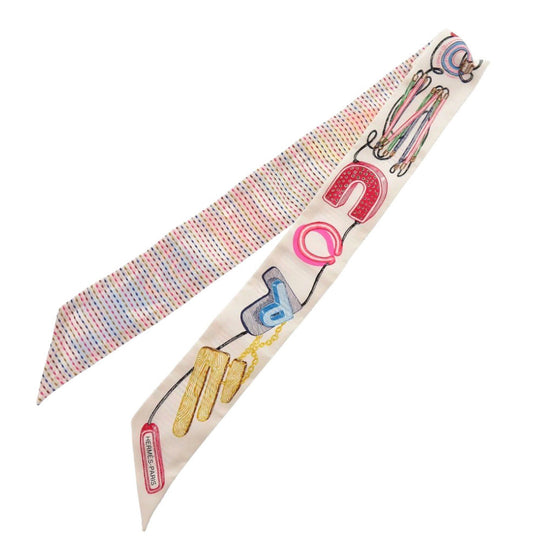 HERMES scarf 853954S 01 silk white Twilly Chevaloscope Neon Chevaloscope Neon Women Used Authentic