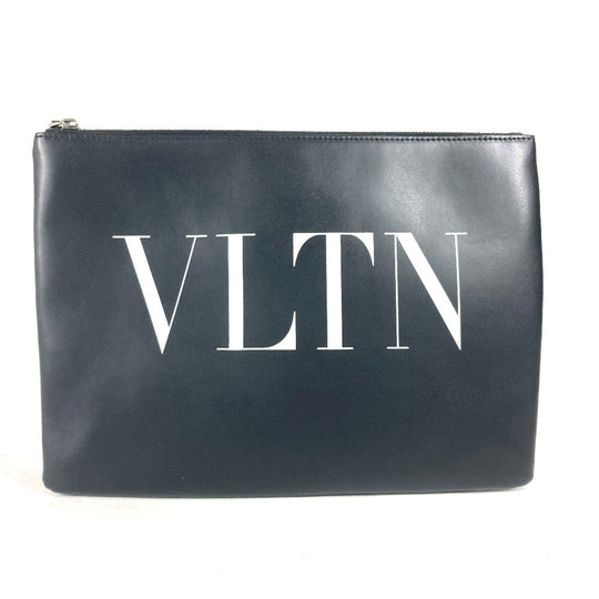 VALENTINO Clutch bag leather black bag pouch logo mens Used Authentic