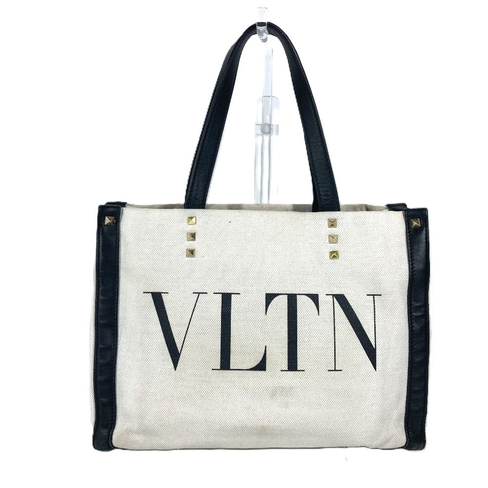 VALENTINO Tote Bag Canvas / leather white logo studs unisex(Unisex) Used Authentic