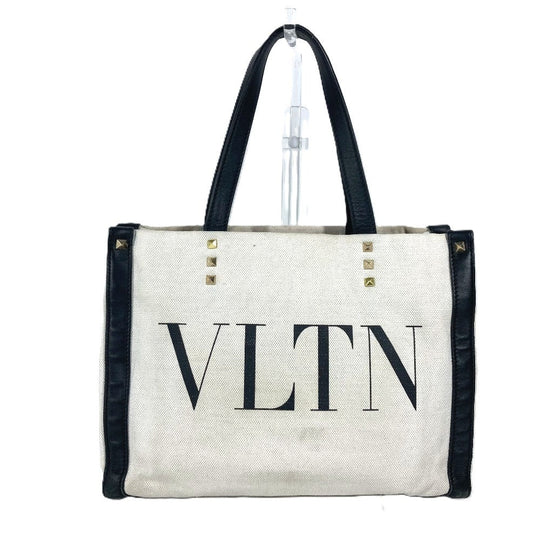 VALENTINO Tote Bag Canvas / leather white logo studs unisex(Unisex) Used Authentic