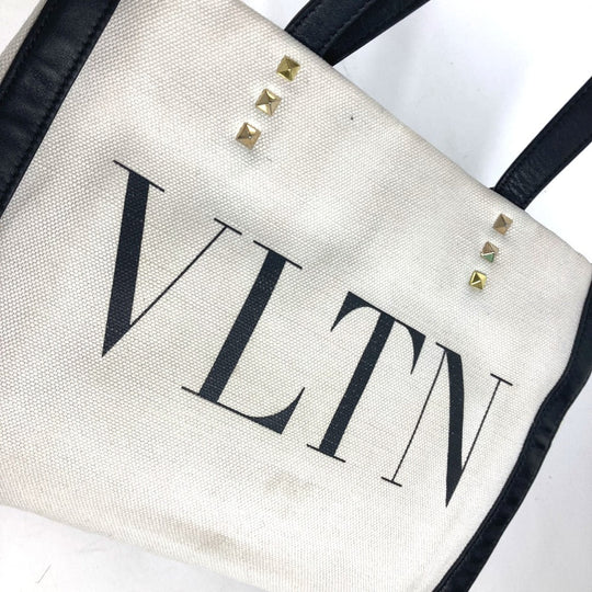 VALENTINO Tote Bag Canvas / leather white logo studs unisex(Unisex) Used Authentic