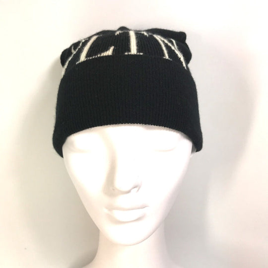 VALENTINO Knit hat Wool, Silk black VLTN logo mens Used Authentic