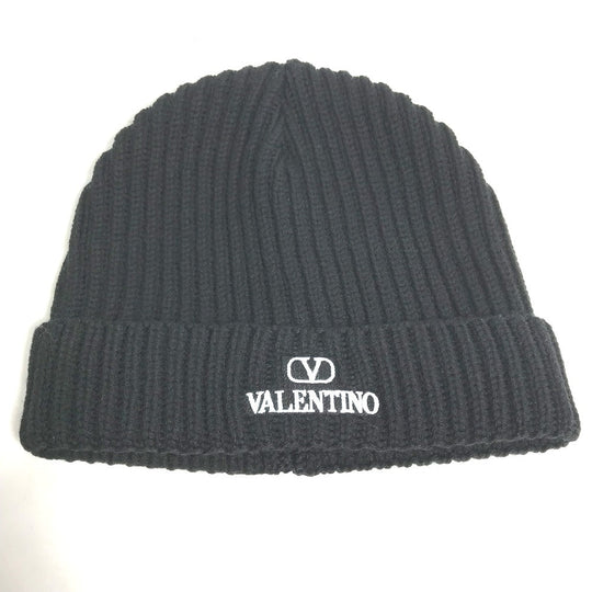 VALENTINO Knit hat 1Y2HB01DFDK Wool, Cashmere black logo Women Used Authentic