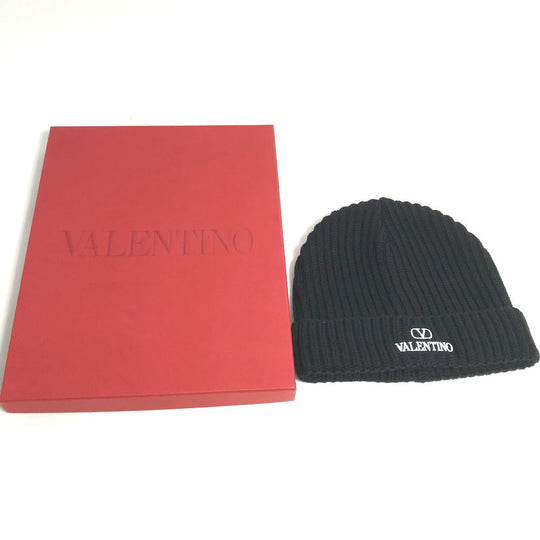 VALENTINO Knit hat 1Y2HB01DFDK Wool, Cashmere black logo Women Used Authentic