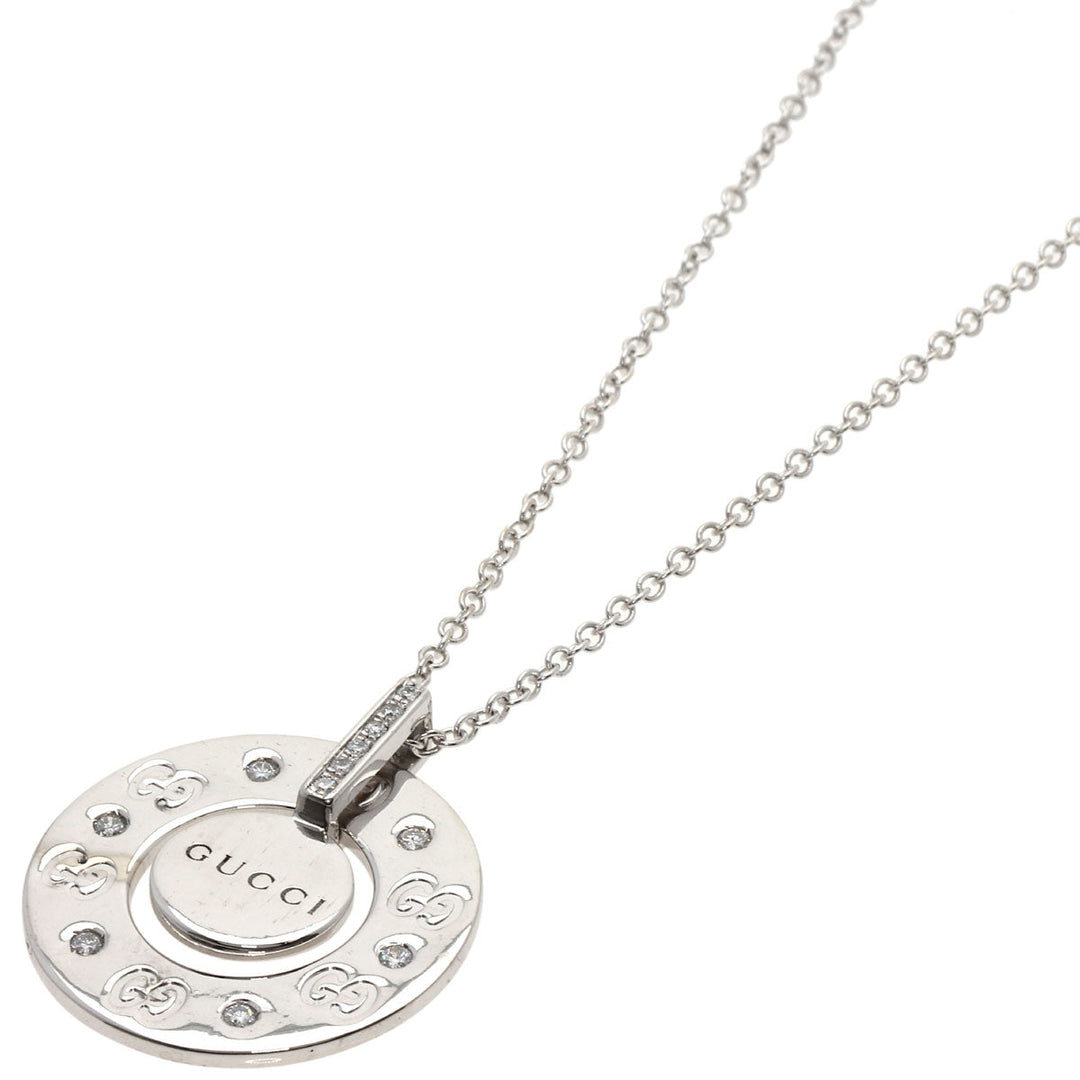 GUCCI Necklace K18WG Silver Icon GG Logo Circle Round Diamond