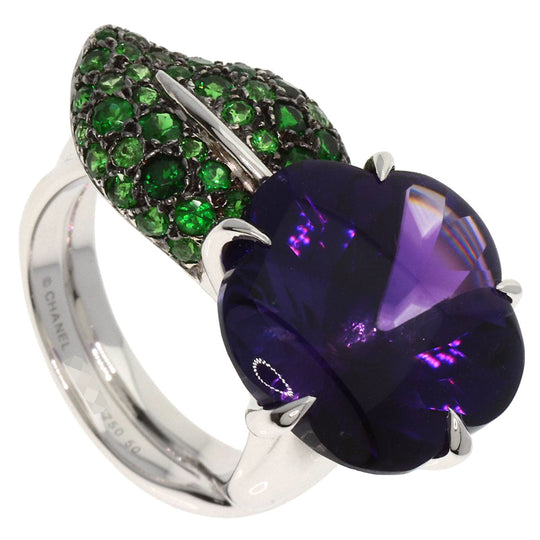 CHANEL Ring K18WG Silver Camellia Amethyst Garnet #50