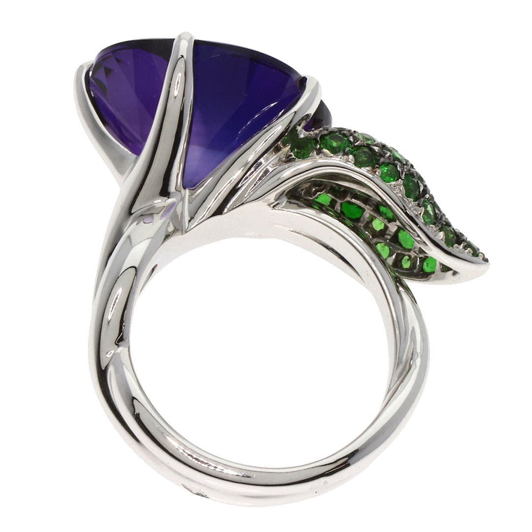 CHANEL Ring K18WG Silver Camellia Amethyst Garnet #50