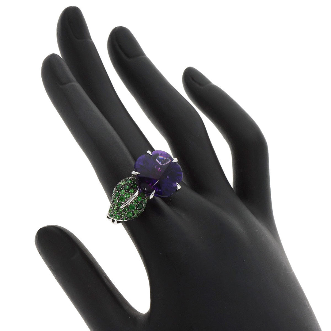 CHANEL Ring K18WG Silver Camellia Amethyst Garnet #50