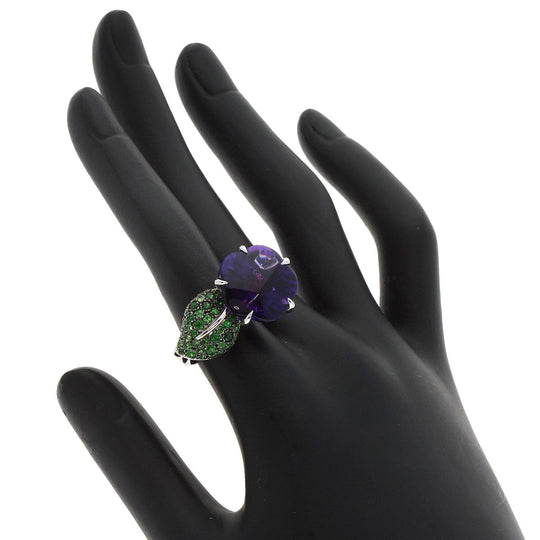 CHANEL Ring K18WG Silver Camellia Amethyst Garnet #50