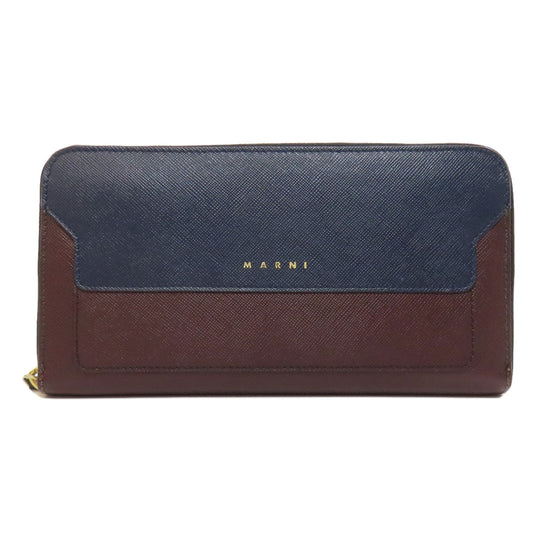 MARNI Long Wallet Purse leather Navy logo Women Used Authentic