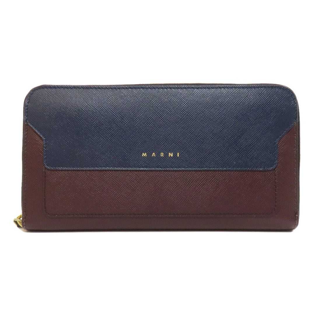 MARNI Long Wallet Purse leather Navy logo Women Used Authentic