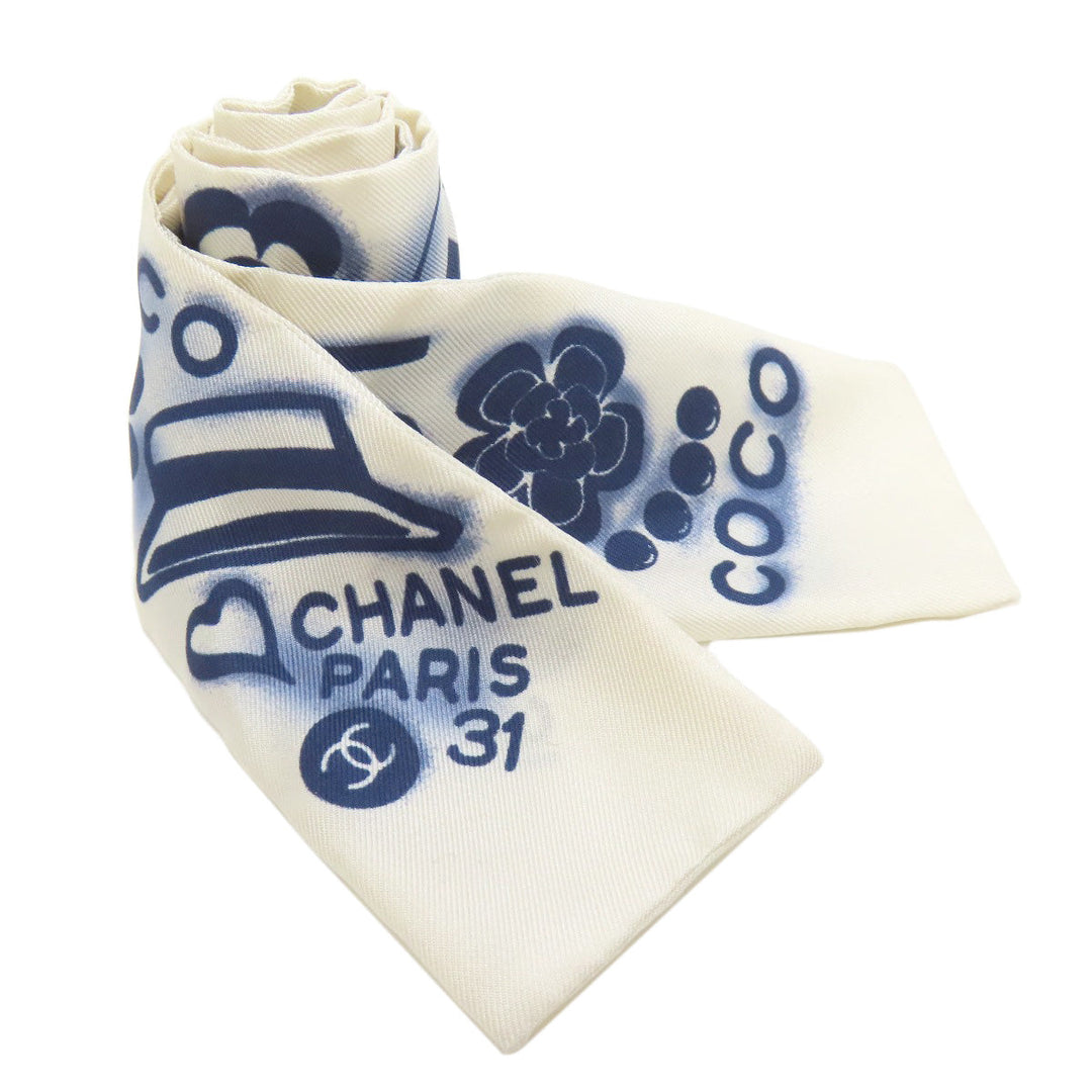 CHANEL scarf silk white COCO Mark Hair Band Women Used Authentic