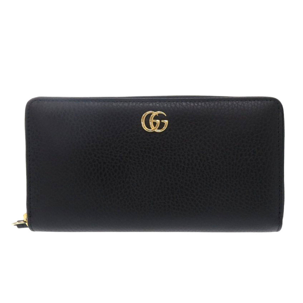GUCCI Long Wallet Purse 456117 leather black Zip Around GG Marmont Women Used Authentic