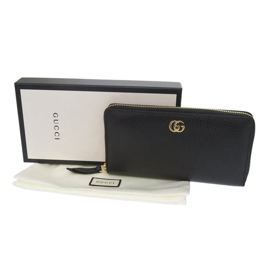 GUCCI Long Wallet Purse 456117 leather black Zip Around GG Marmont Women Used Authentic