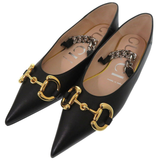 GUCCI pumps 621161 leather black Chain pointed toe flats Horsebit Women 34 1/2 Used Authentic