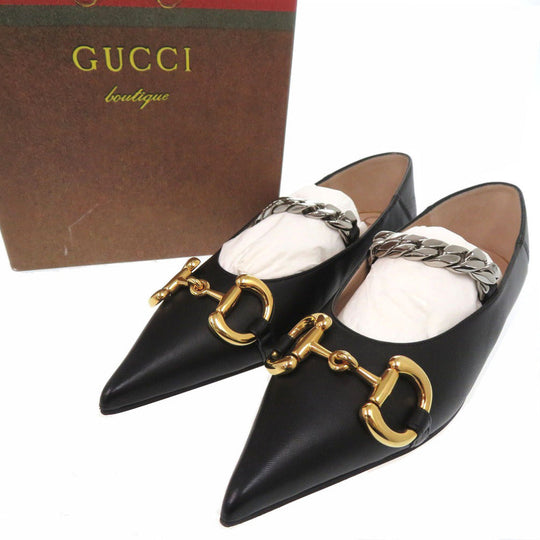 GUCCI pumps 621161 leather black Chain pointed toe flats Horsebit Women 34 1/2 Used Authentic