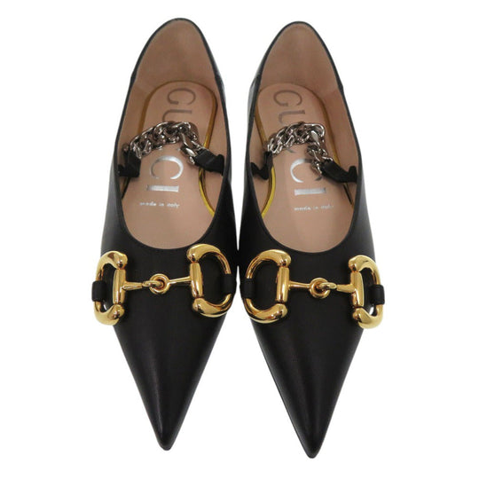 GUCCI pumps 621161 leather black Chain pointed toe flats Horsebit Women 34 1/2 Used Authentic