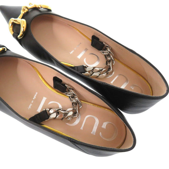 GUCCI pumps 621161 leather black Chain pointed toe flats Horsebit Women 34 1/2 Used Authentic