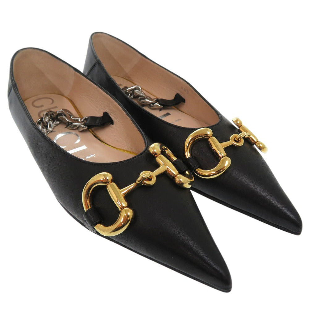 GUCCI pumps 621161 leather black Chain pointed toe flats Horsebit Women 34 1/2 Used Authentic