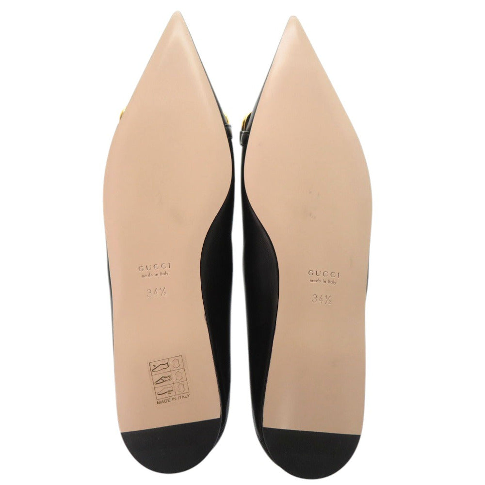 GUCCI pumps 621161 leather black Chain pointed toe flats Horsebit Women 34 1/2 Used Authentic