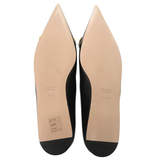 GUCCI pumps 621161 leather black Chain pointed toe flats Horsebit Women 34 1/2 Used Authentic