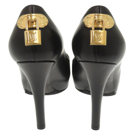 LOUIS VUITTON pumps leather black Open Toe Padlock 36