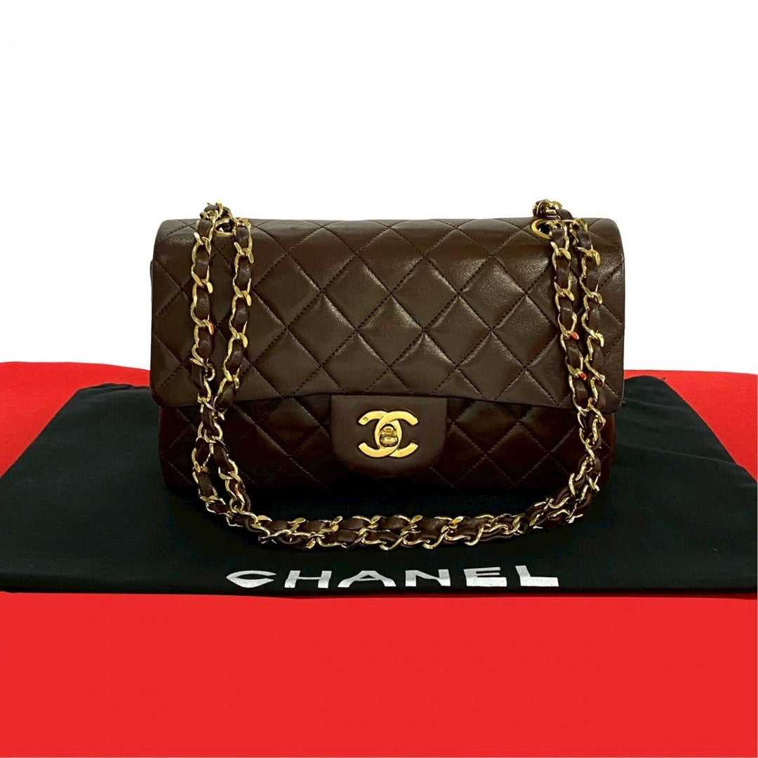 CHANEL Shoulder Bag lambskin Brown Matrasse W flap 23