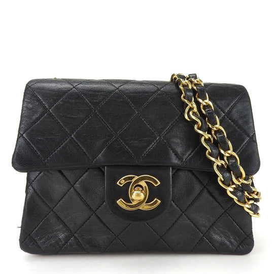 CHANEL Shoulder Bag lambskin black Mini matrasse Women Used Authentic