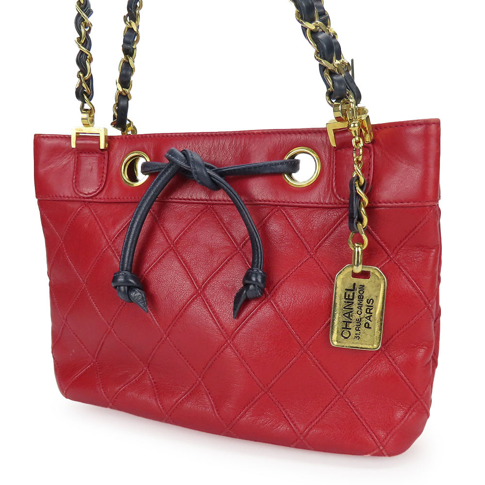 CHANEL Shoulder Bag lambskin Red Chain Bicolole Women Used Authentic