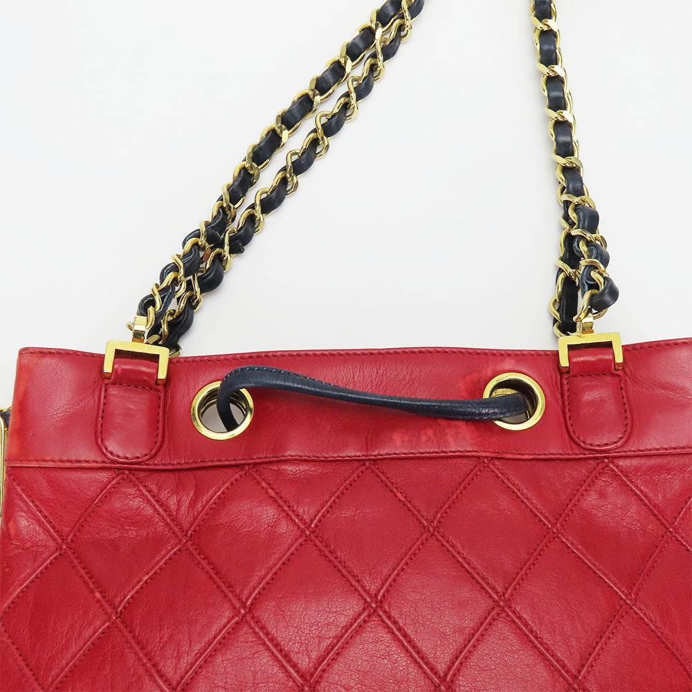 CHANEL Shoulder Bag lambskin Red Chain Bicolole Women Used Authentic