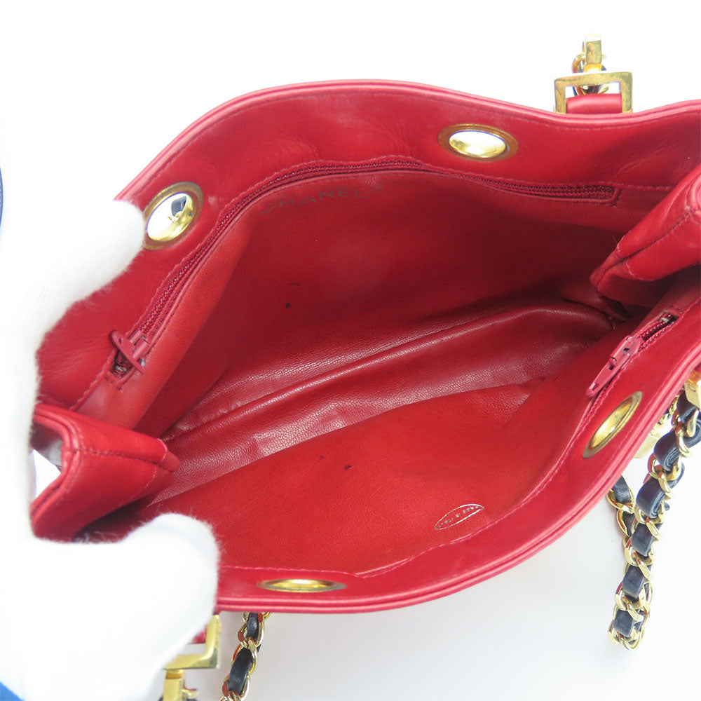 CHANEL Shoulder Bag lambskin Red Chain Bicolole Women Used Authentic