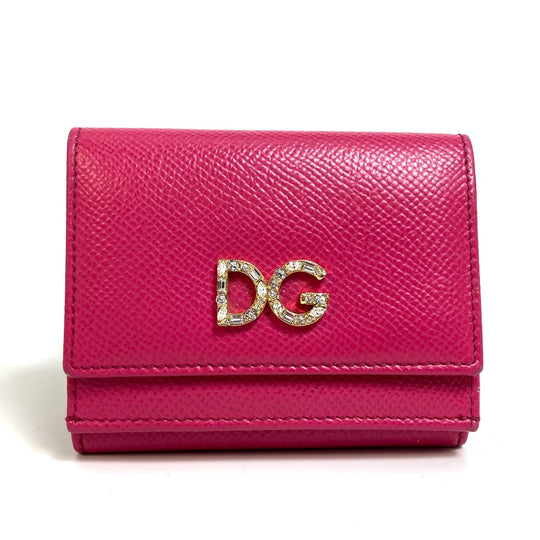 DOLCE&GABBANA Trifold wallet leather pink Dorgava DG Rhinestone Women Used Authentic