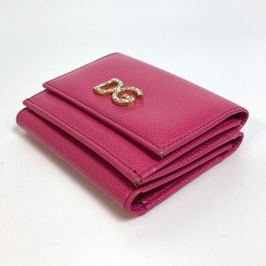 DOLCE&GABBANA Trifold wallet leather pink Dorgava DG Rhinestone Women Used Authentic