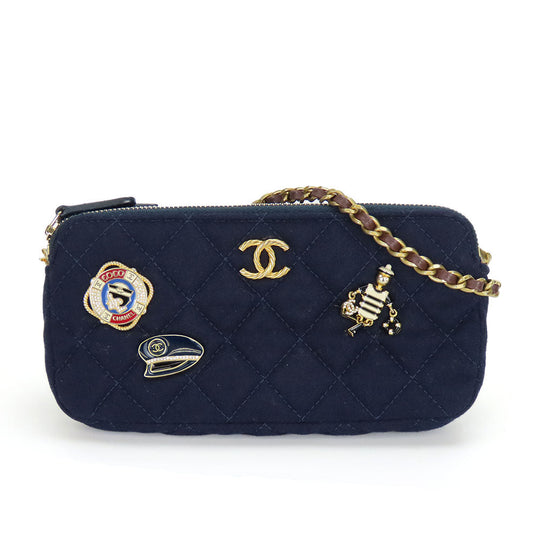 CHANEL Shoulder Bag cotton Navy Chain Women Used Authentic