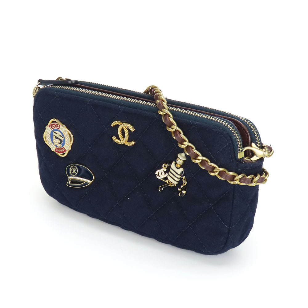 CHANEL Shoulder Bag cotton Navy Chain Women Used Authentic