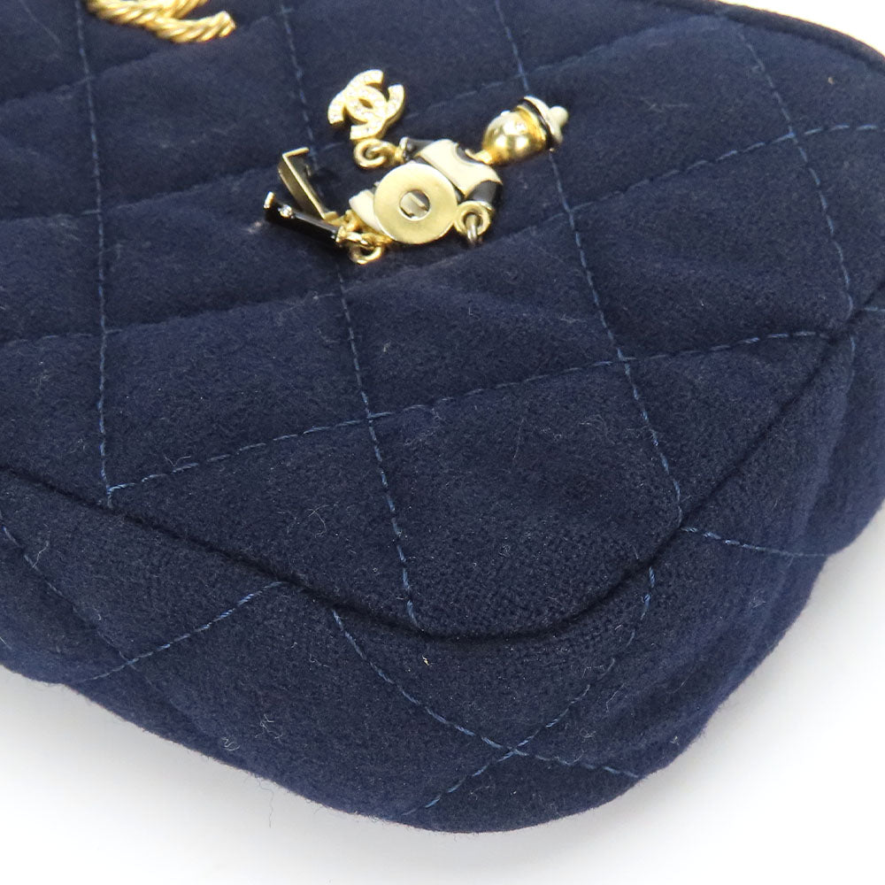 CHANEL Shoulder Bag cotton Navy Chain Women Used Authentic
