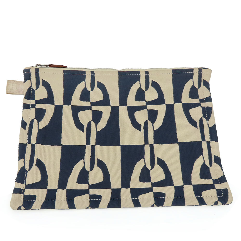 HERMES Pouch canvas Navy Chene Dunkle Truth Flat GM Women Used Authentic