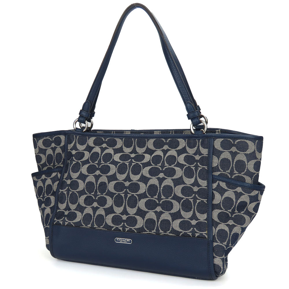 COACH Tote Bag F32622 Canvas, Leather Navy Signature Women Used Authentic