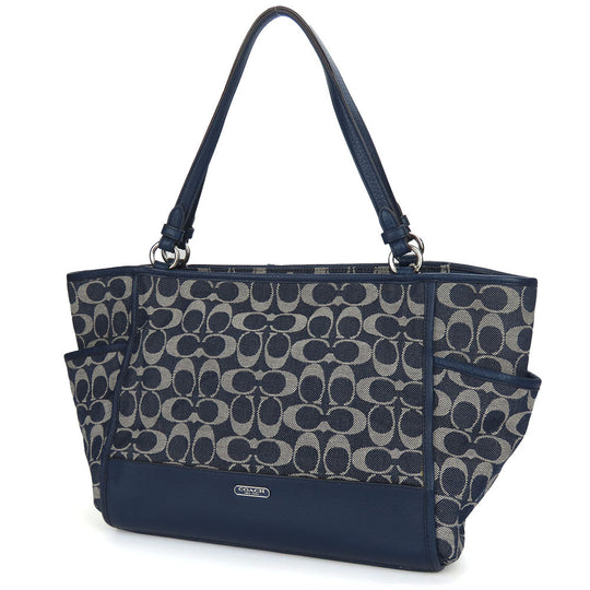 COACH Tote Bag F32622 Canvas, Leather Navy Signature Women Used Authentic