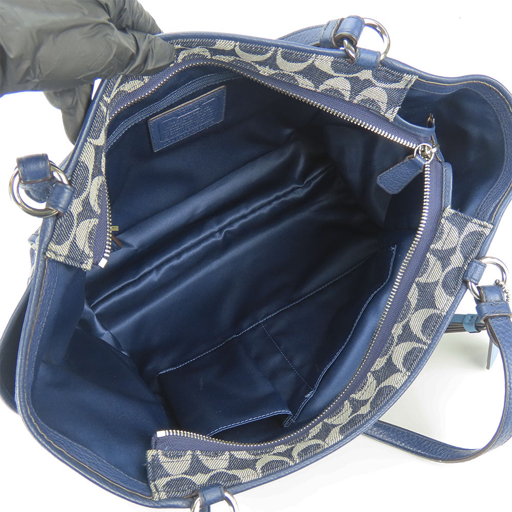 COACH Tote Bag F32622 Canvas, Leather Navy Signature Women Used Authentic