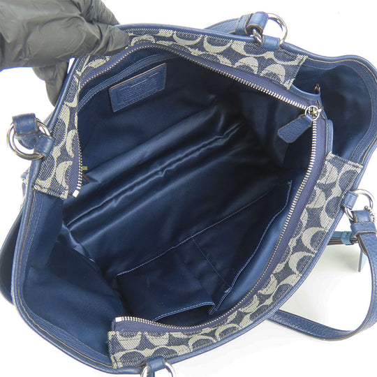 COACH Tote Bag F32622 Canvas, Leather Navy Signature Women Used Authentic