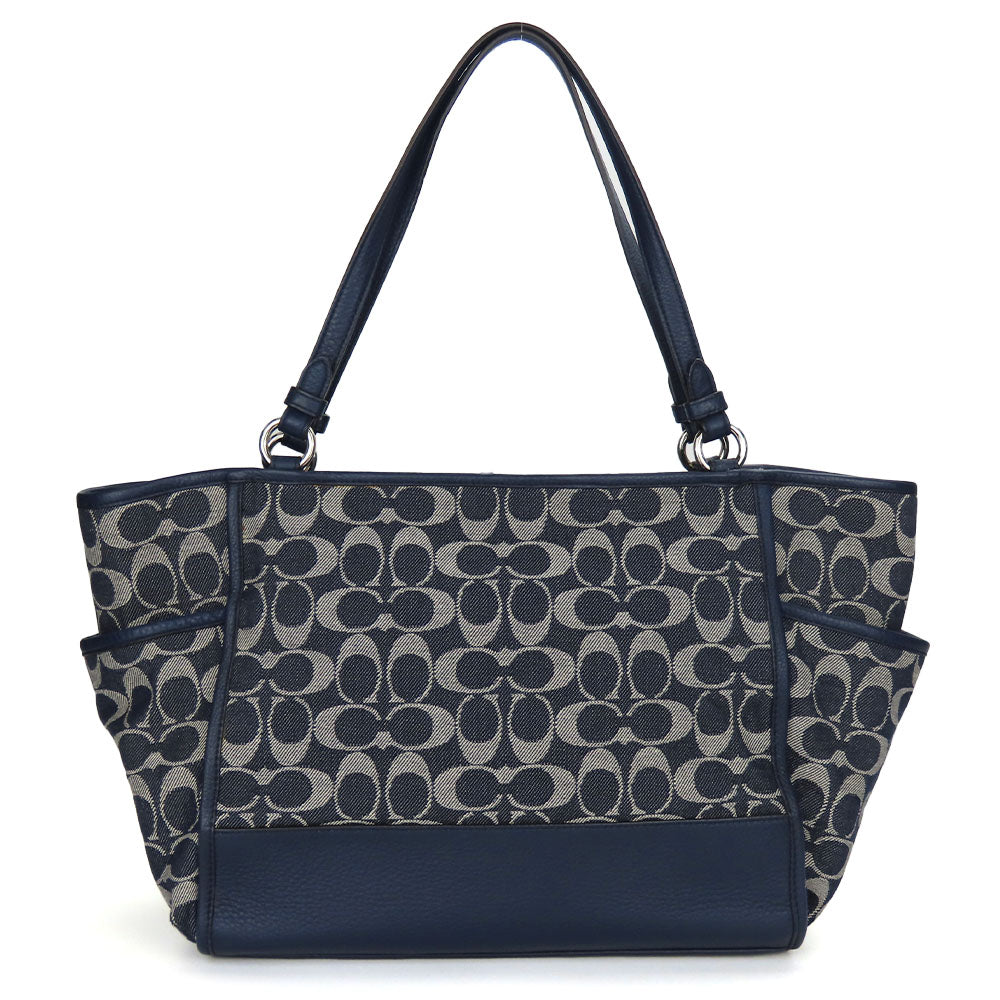 COACH Tote Bag F32622 Canvas, Leather Navy Signature Women Used Authentic