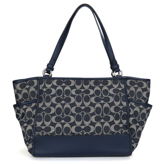 COACH Tote Bag F32622 Canvas, Leather Navy Signature Women Used Authentic