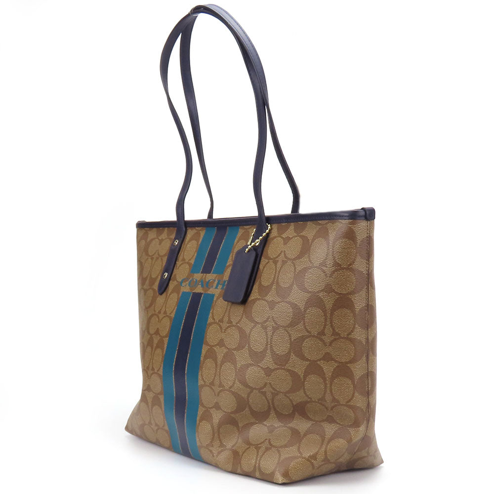 COACH Tote Bag F38405 Leather, PVC coated canvas Brown Varsity Stripes Women Used Authentic