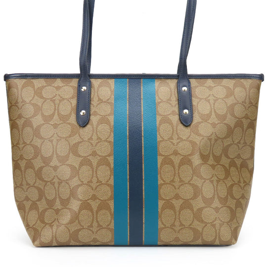COACH Tote Bag F38405 Leather, PVC coated canvas Brown Varsity Stripes Women Used Authentic