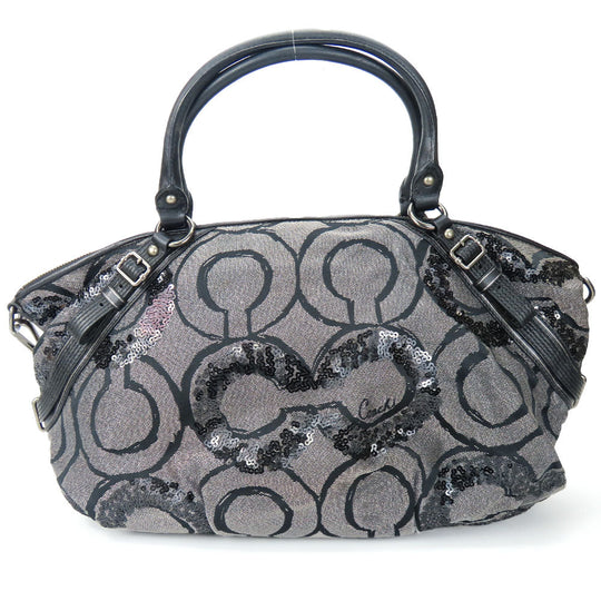 COACH Handbag 15940 Canvas, Leather, Sequins black Op Art Madison Women Used Authentic
