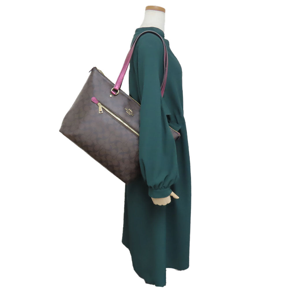 COACH Tote Bag F87701 PVC, Leather Brown Signature Women Used Authentic