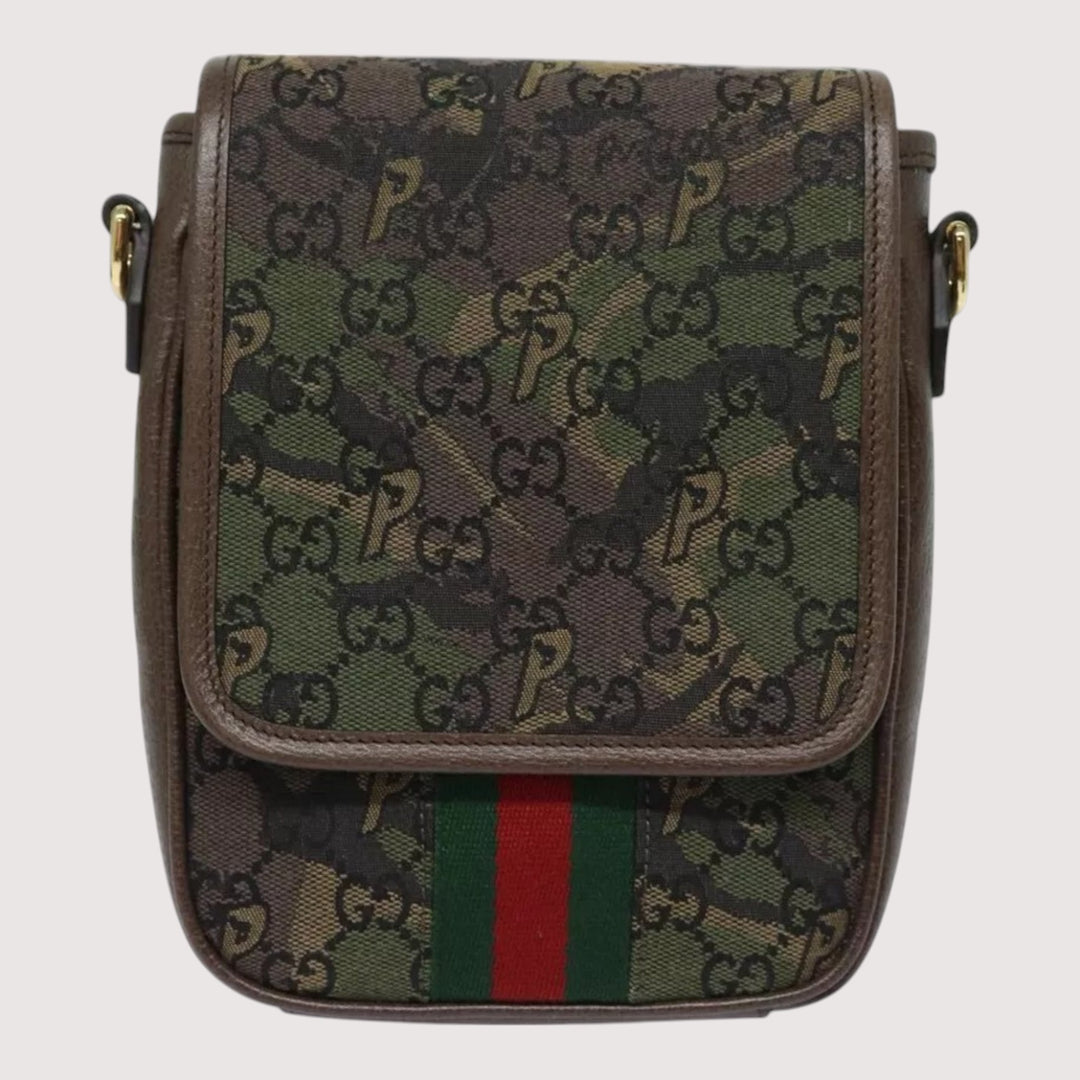 Gucci Palace Shoulder Bag Camouflage GG Canvas Web Sherry Line Unisex Green Brown Gold Hardware Crossbody Bag